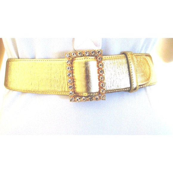 Women\'s Belts Leather Belts Wcm NY Gold Metallic Leather Rhinestone Buckle Med